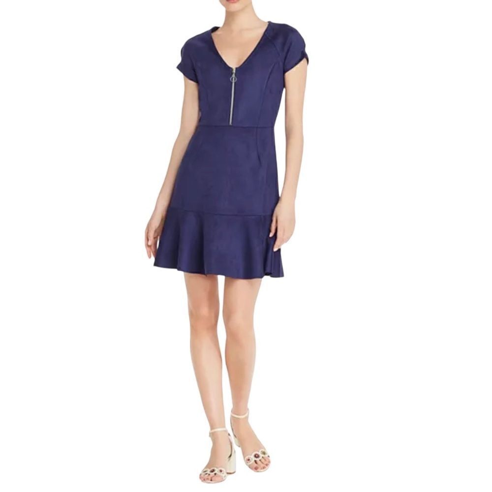 Aqua Faux Suede Leather Zip Up Blue Ruffled Dress sz L